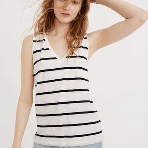 Madewell Whisper Cotton Classic Sleeveless Black White Striped Pocket Shirt